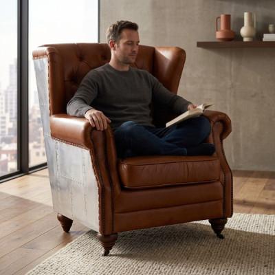 Wingback chair real leather vintage cigar wingback armchair TV armchair leather armchair