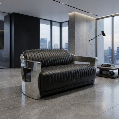 Leather Sofa Three-Seater Couch Sofa Aviator Airplane Aluminum Furniture Vintage