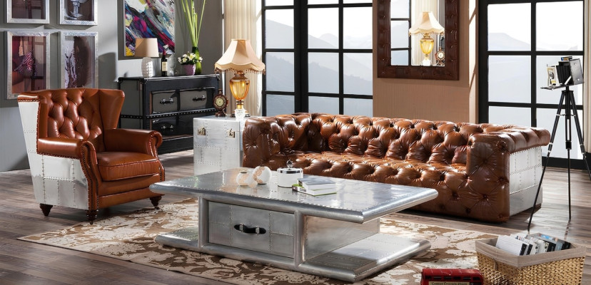 Leather Sofa 3-Seater Vintage Leather Furniture Three-Seater Couch Aluminum Sofas