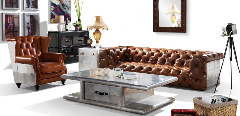 Leather Sofa 3-Seater Vintage Leather Furniture Three-Seater Couch Aluminum Sofas