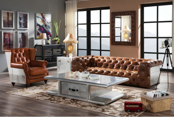 High-back chair genuine leather vintage cigar wingback chair armchair