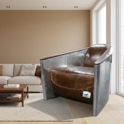 Aviator Sofa Armchair Genuine Leather Couch Club Lounge Vintage Aluminum Airplane Retro