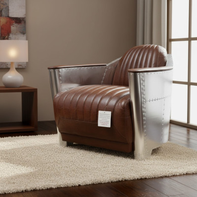 Club armchair in aviator style lounge design chrome art deco leather cocktail
