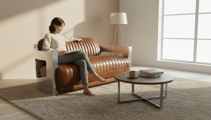 Sofa Vintage 2-Seater Leather Sofa in Retro Style Genuine Leather Aluminum Rivets Furniture