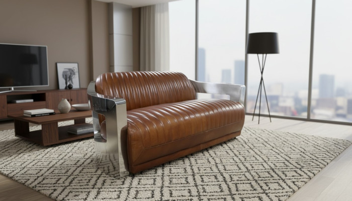 Sofa Vintage 2-Seater Leather Sofa in Retro Style Genuine Leather Aluminum Rivets Furniture