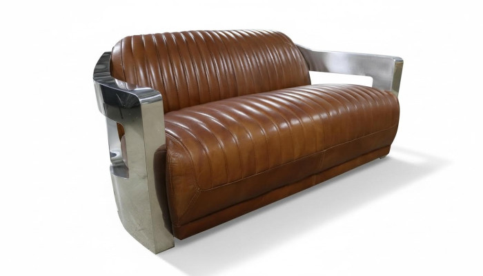 Sofa Vintage 2-Seater Leather Sofa in Retro Style Genuine Leather Aluminum Rivets Furniture