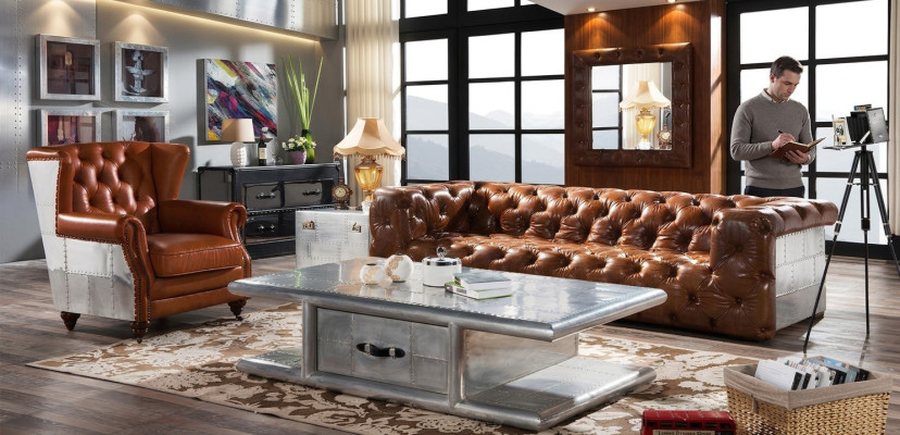 Coffee table in retro airplane design, aluminum living room table