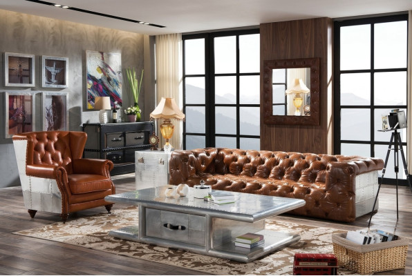 Coffee table in retro airplane design, aluminum living room table