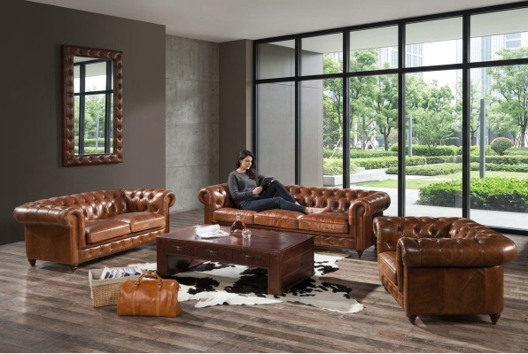 Design Club Lounge 4-Seater Sofa Leather Sofa Three-Seater Vintage Leather Chesterfield