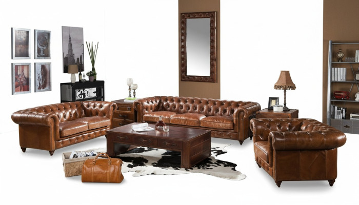Design Club Lounge 4-Seater Sofa Leather Sofa Three-Seater Vintage Leather Chesterfield