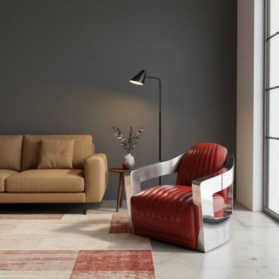 Aircraft Vintage Leather Armchair Red Genuine Leather Retro Chair Design Club Chair