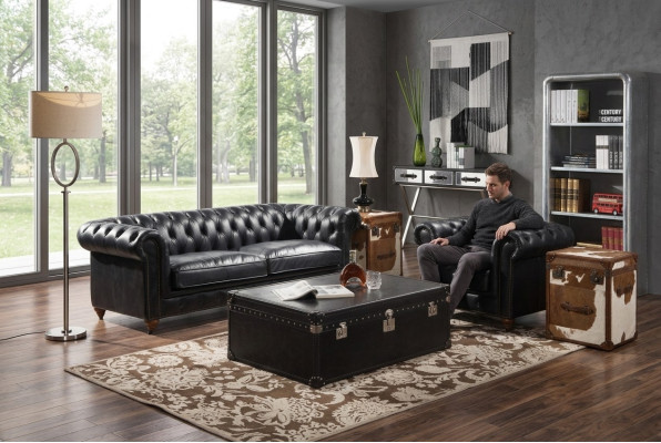 Chesterfield Sofa 3-Seater with Armchair Black Vintage Leather Furniture Style 2-piece Set New