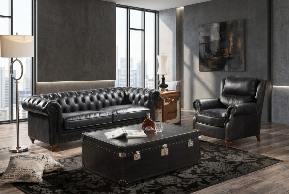 Chesterfield Sofa 3-Seater with Armchair Black Vintage Leather Furniture Style 2-piece Set New