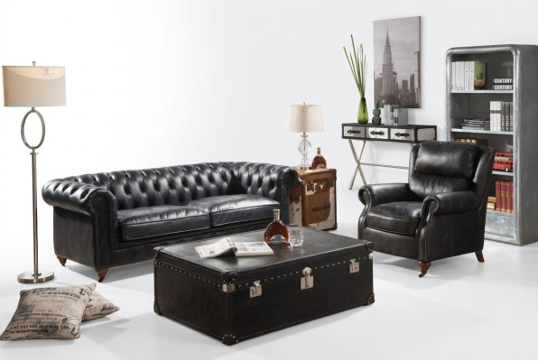 Chesterfield Sofa 3-Seater with Armchair Black Vintage Leather Furniture Style 2-piece Set New