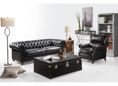 Chesterfield Sofa 3-Seater with Armchair Black Vintage Leather Furniture Style 2-piece Set New