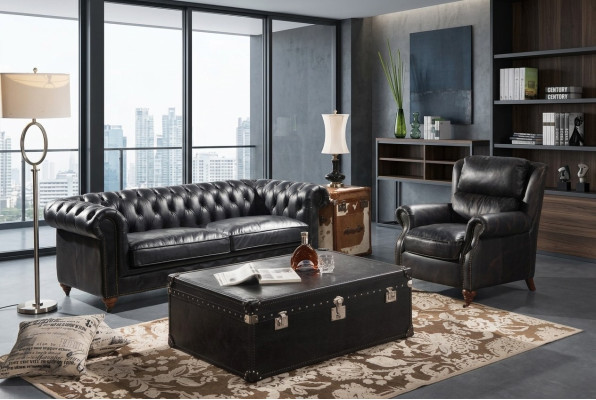 Luxury Chesterfield Sofa Set 3+1 Seat Coffee Table 4-piece Set Leather Sofa