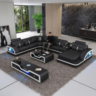 Black corner sofa with 2-piece coffee table, living room leather sofa set, corner suite, table