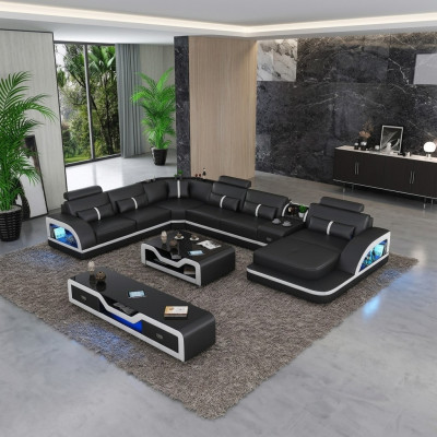 Black corner sofa with 2-piece coffee table, living room leather sofa set, corner suite, table