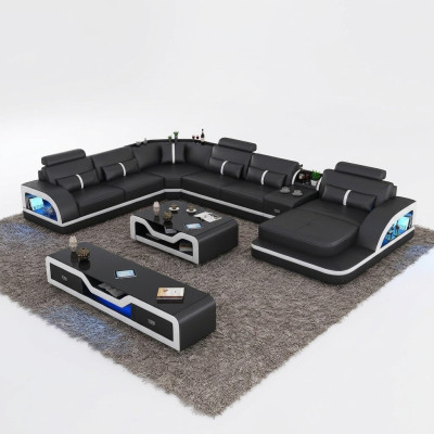Black corner sofa with 2-piece coffee table, living room leather sofa set, corner suite, table