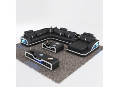 Black corner sofa with 2-piece coffee table, living room leather sofa set, corner suite, table