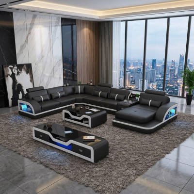 Corner unit leather sofa design corner sofa luxury living landscape LED sofa couch upholstery