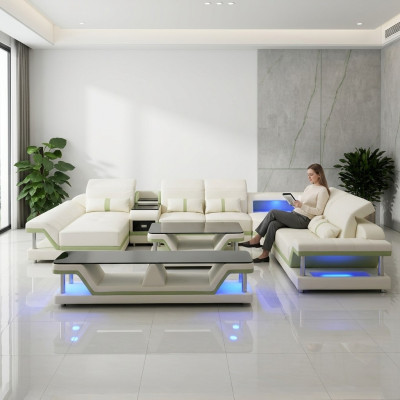 Modern design living room corner sofa couch upholstered RTV coffee table leather