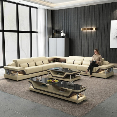 Black sectional sofa with coffee table 3-piece. Living room leather sofa set corner suite table.