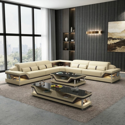 Black sectional sofa with coffee table 3-piece. Living room leather sofa set corner suite table.