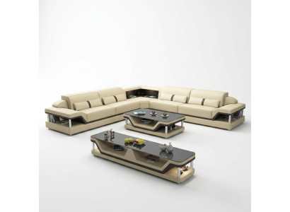 Black sectional sofa with coffee table 3-piece. Living room leather sofa set corner suite table.
