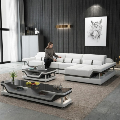Leather sofa L-shape couch living area corner sofa set design modern sofa USB