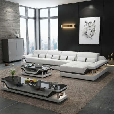 Leather sofa L-shape couch living area corner sofa set design modern sofa USB
