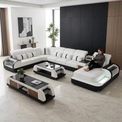 Living area couch upholstered sofa suite 3-piece set coffee table sideboard leather