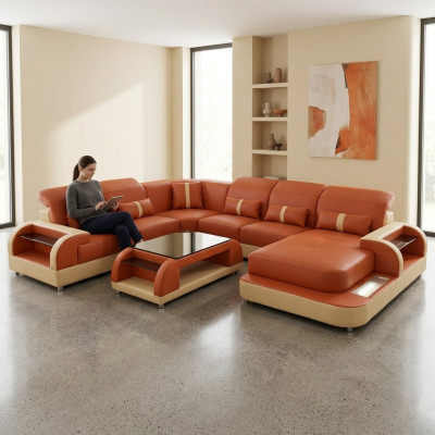 Living landscape U-shape leather sofa upholstered corner sofa couch leather textile USB new