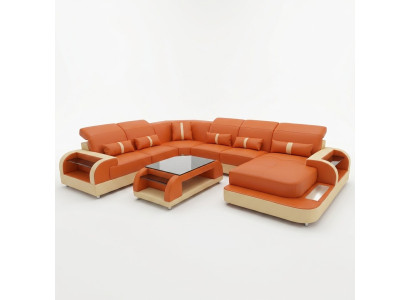 Living landscape U-shape leather sofa upholstered corner sofa couch leather textile USB new