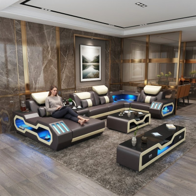 Sectional U-shaped sofa coffee table leather sofa living landscape designer sofa 2-piece set LED USB