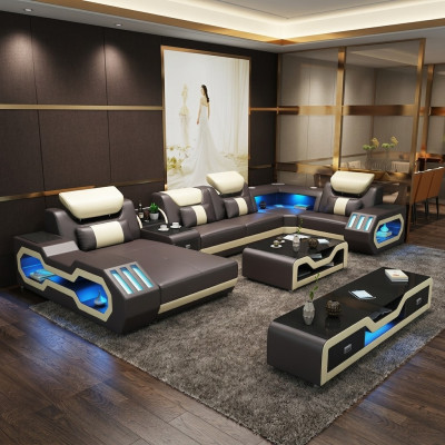 Sectional U-shaped sofa coffee table leather sofa living landscape designer sofa 2-piece set LED USB