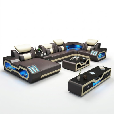Sectional U-shaped sofa coffee table leather sofa living landscape designer sofa 2-piece set LED USB