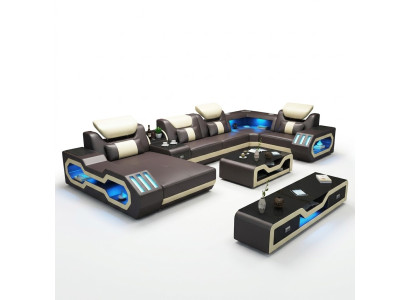 Sectional U-shaped sofa coffee table leather sofa living landscape designer sofa 2-piece set LED USB