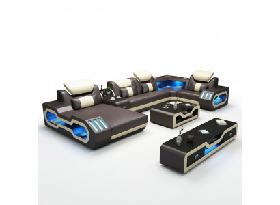 Sectional U-shaped sofa coffee table leather sofa living landscape designer sofa 2-piece set LED USB