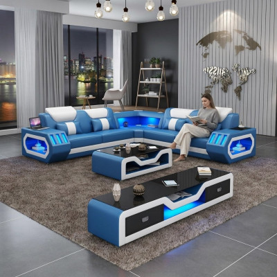 Sectional sofa L shape coffee table sofa couch design upholstery leather modern blue table new