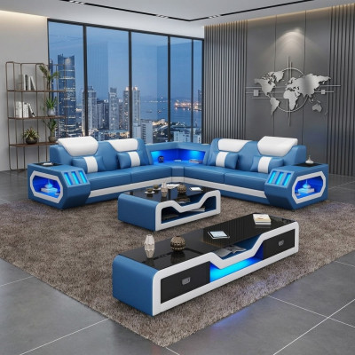 Sectional sofa L shape coffee table sofa couch design upholstery leather modern blue table new