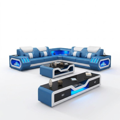 Sectional sofa L shape coffee table sofa couch design upholstery leather modern blue table new