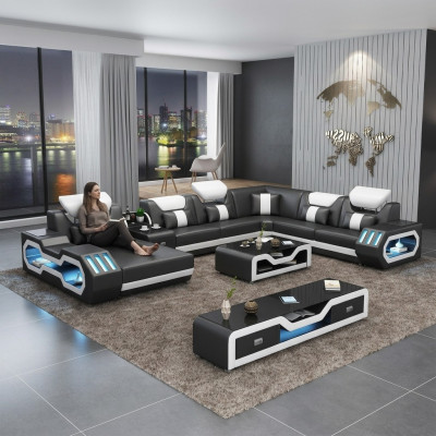 Living area U-shape corner sofa coffee table sideboard design living area big new