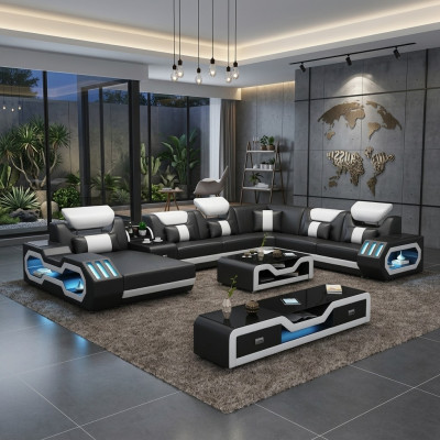 Living area U-shape corner sofa coffee table sideboard design living area big new