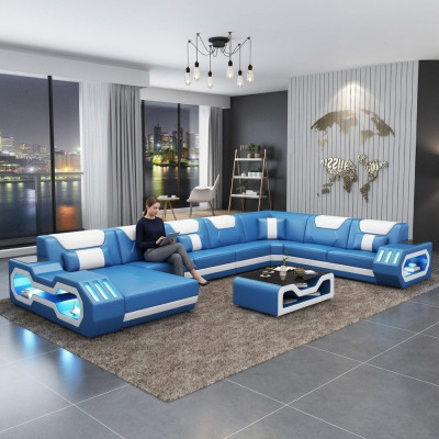 U-shaped sectional sofa coffee table couch design gray upholstery leather modern living area