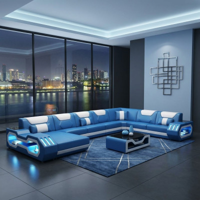 U-shaped sectional sofa coffee table couch design gray upholstery leather modern living area
