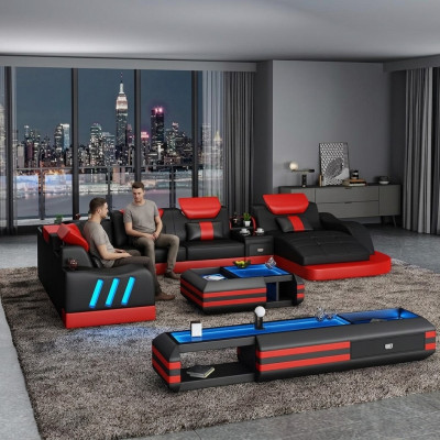 Corner sofa U-shape sideboard coffee table couch design gray upholstery leather modern 3-piece set.