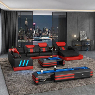 Corner sofa U-shape sideboard coffee table couch design gray upholstery leather modern 3-piece set.