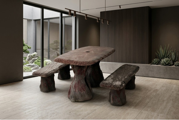 Garden table with 2 benches made of acacia wood