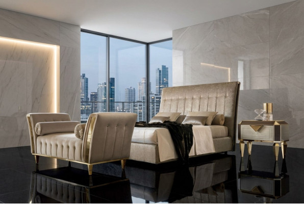 Bed 2x Nightstand Chaise Lounge 4-piece Bedroom Set Furniture Modern Luxury Beds